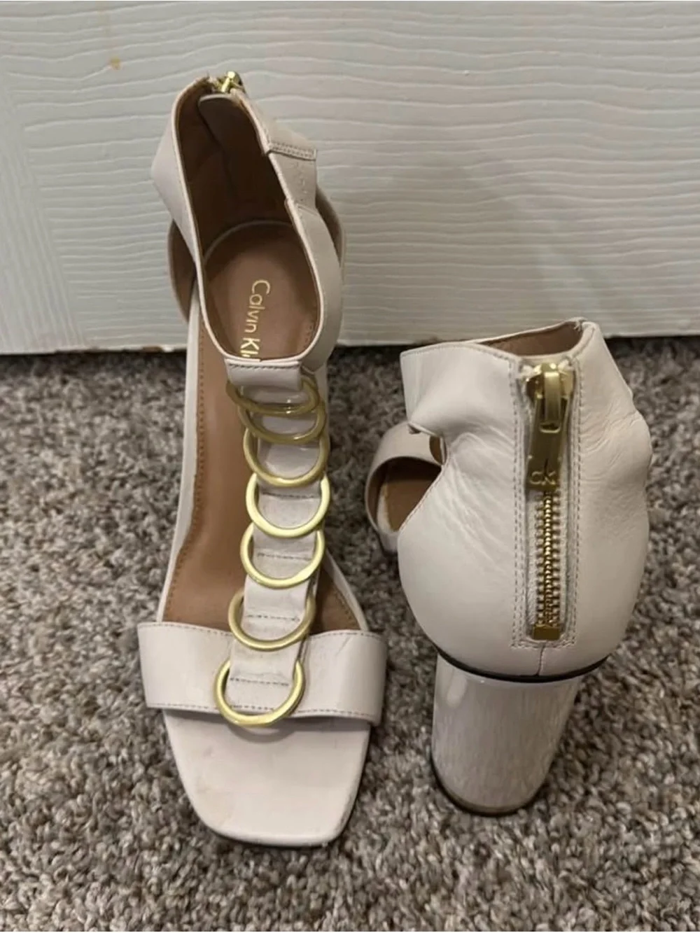 Calvin Klein Cream Block Heel Sandals with Gold Ring Detail